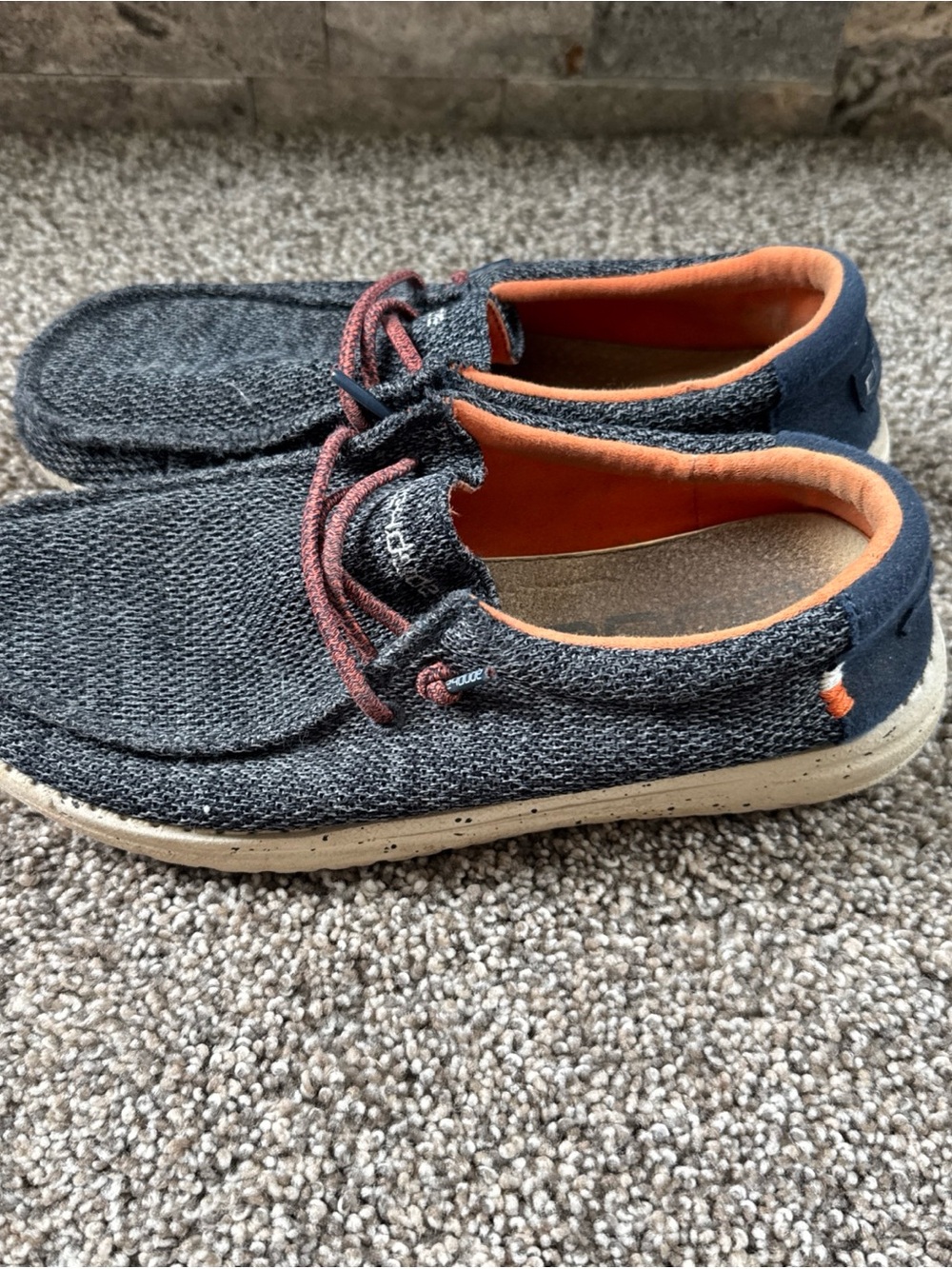 Hey Dude Youth US 4 Knit Slip-On Loafer Shoes in Navy Blue w/ Orange Lining GUC
